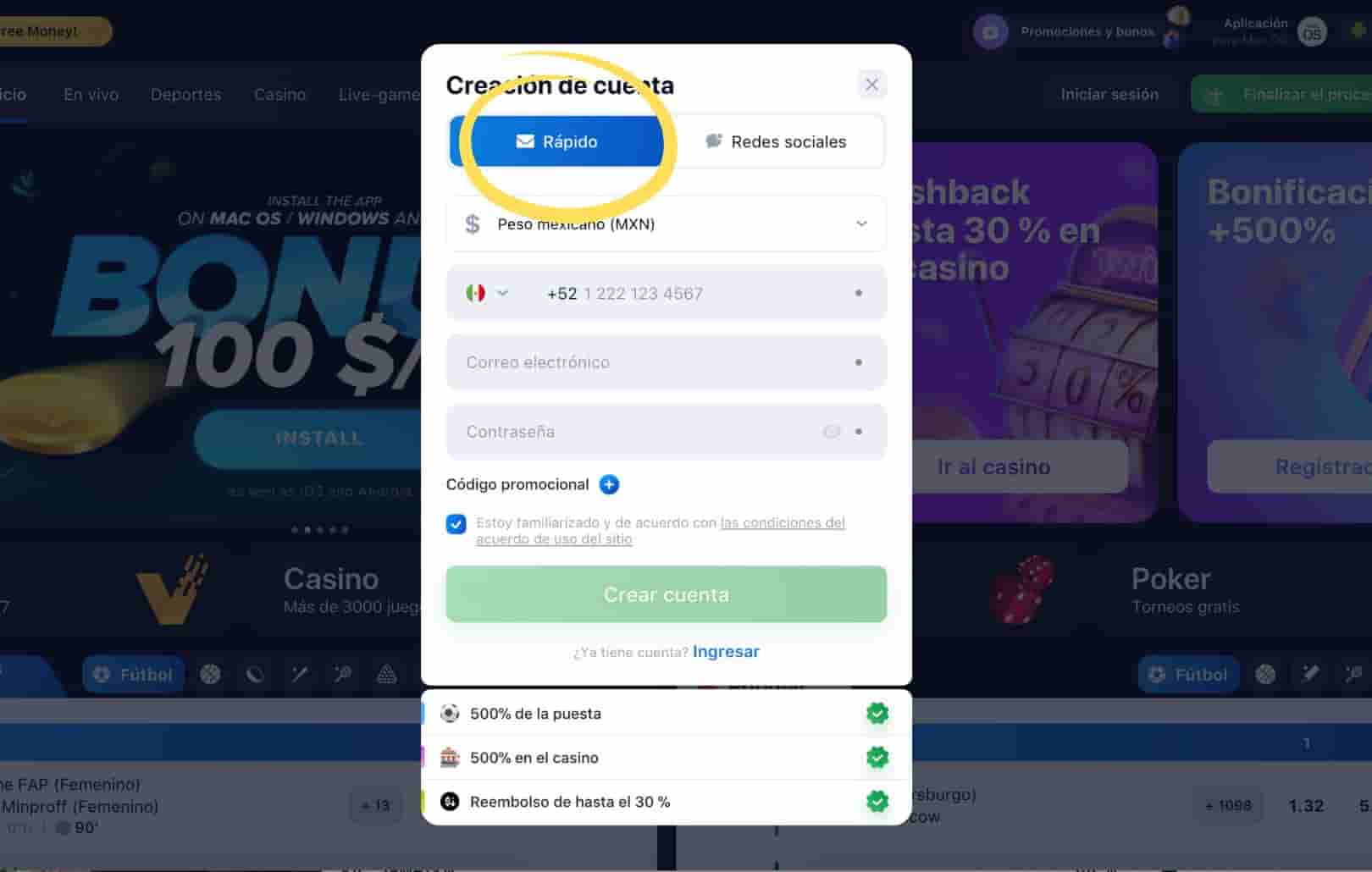 paso 2 Selección de una opción de registro rápido en el sitio de casino y apuestas deportivas de 1win México