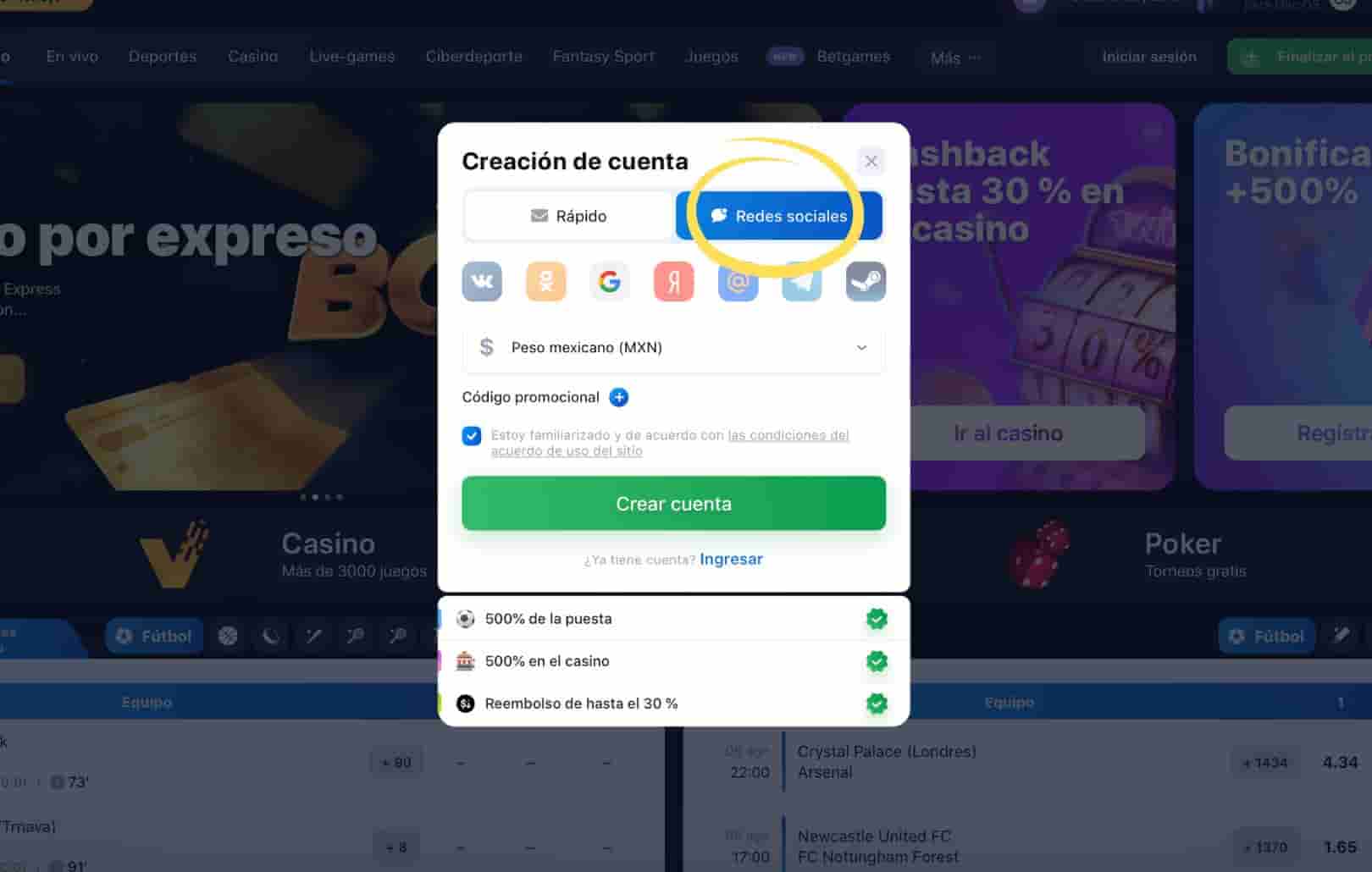 registro a través de las redes sociales en el sitio 1win México