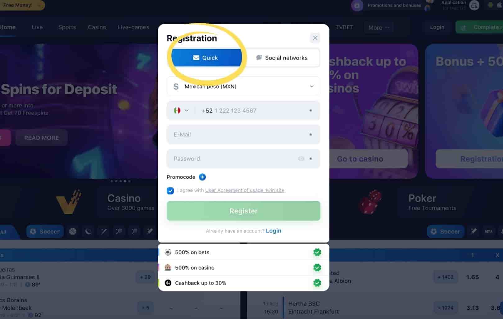 step 2 Selecting a quick registration option on the 1win Mexico sports betting and casino site