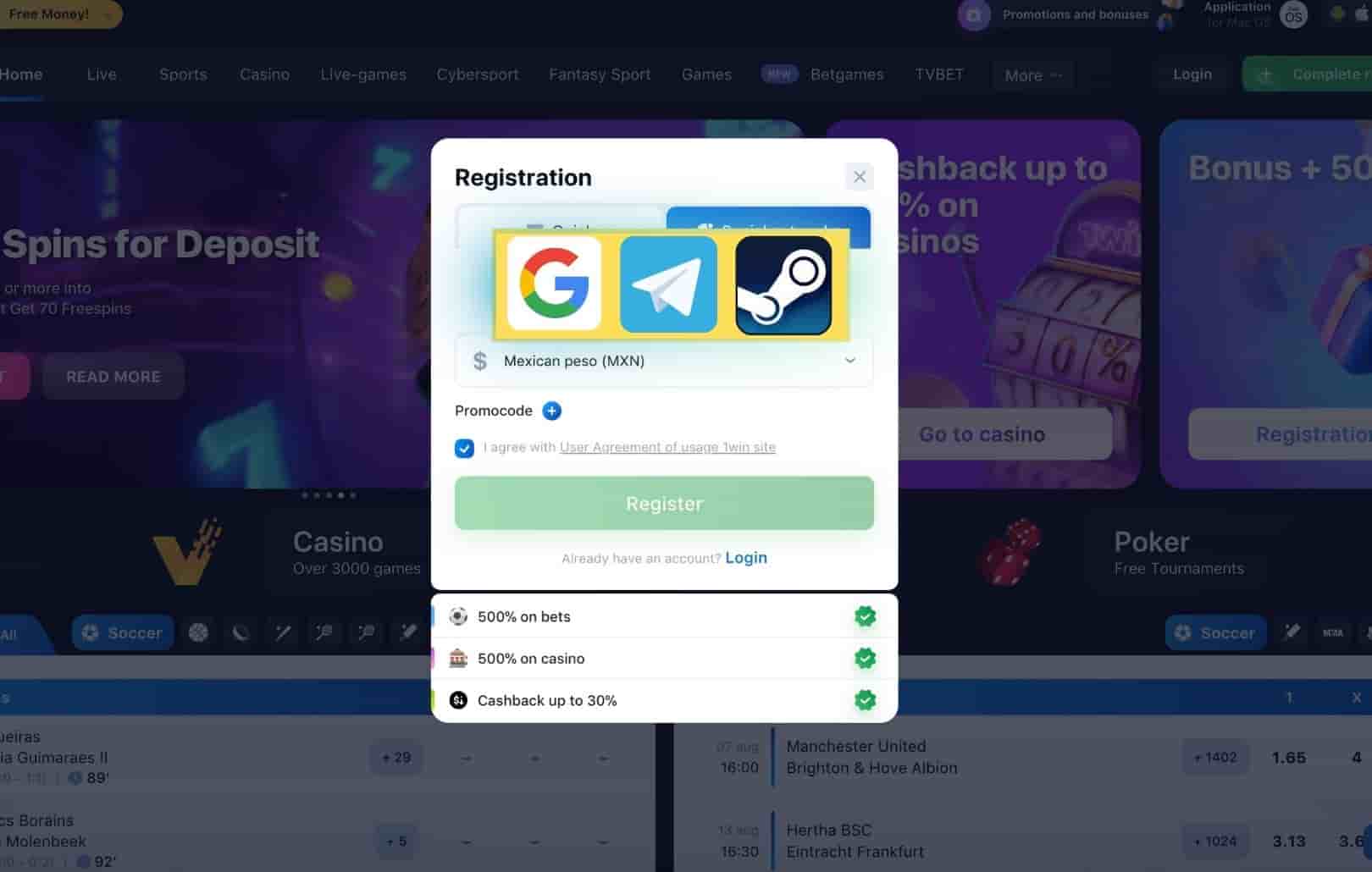 choice social media registration method at 1win Mexico